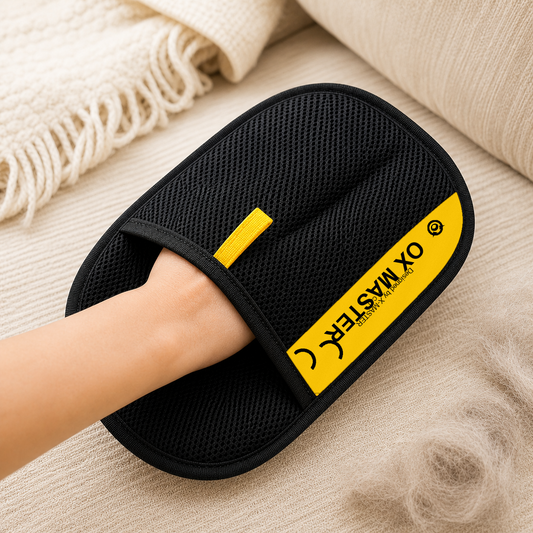 Pet grooming and deshedding glove with original OX MASTER yellow side label preserved