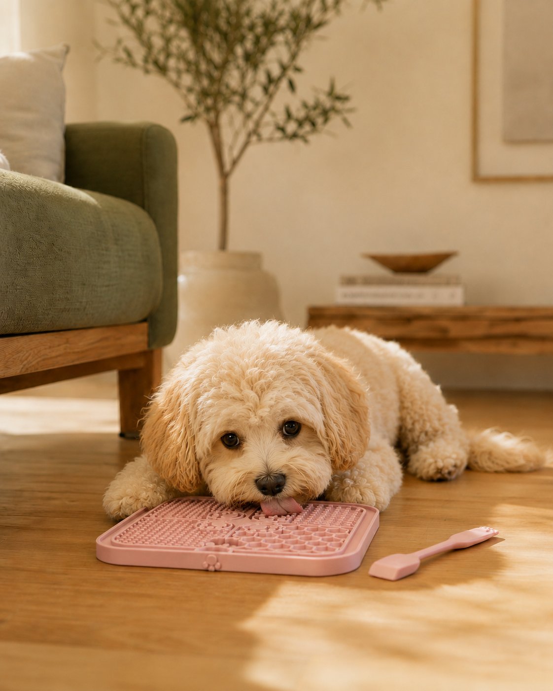 A calm cavapoo licking a WizzPaw pink lick mat in a sunlit living room